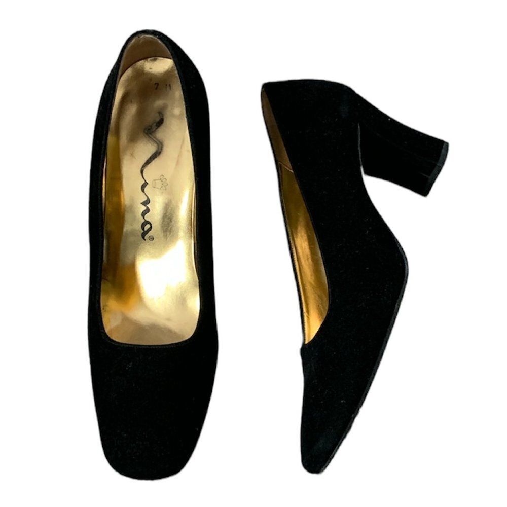Nina  Pump Velvet Square Toe Sz 7M Black  Item‎ #356A